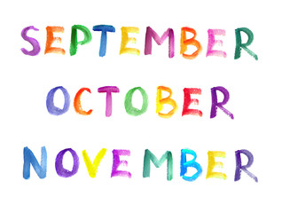 Watercolor painted multicolor calendar autumn months