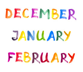 Watercolor painted multicolor calendar winter months