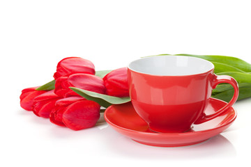 Fresh red tulips with coffee cup