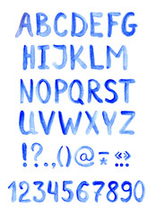 Blue alphabet font - letters, numbers and punctuation