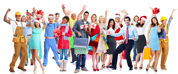 Group of happy Christmas people with gifts.