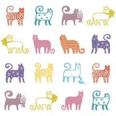 cute colorful kittens on a white background. seamless vector pattern