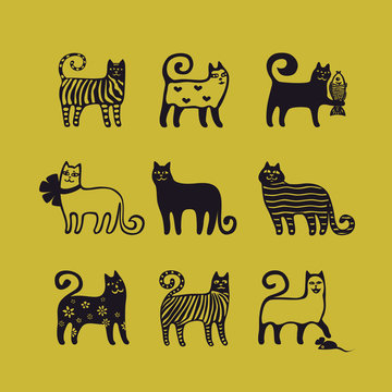 black silhouettes of cats. illustration of nine different funny cats on a mustard background