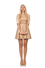 Pretty girl in satin mini dress isolated on white