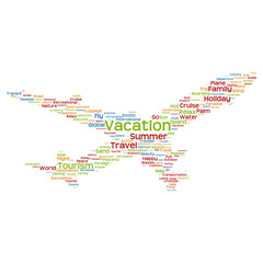 Concept or conceptual colorful plane silhouette travel tourism text word cloud