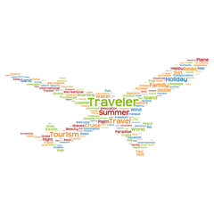 Concept or conceptual colorful plane silhouette travel tourism text word cloud
