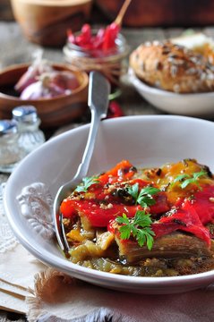 Vegetable Tian, peppers and eggplant baked with olive oil and garlic. French cuisine