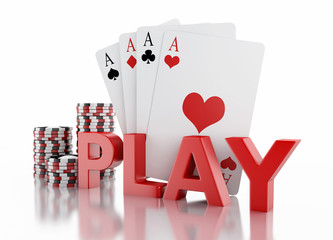 3d casino tokens and playing cards. Isolated white background