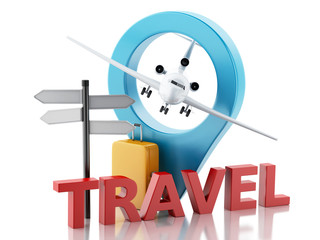  3d airport board, travel suitcases and airplane. Travel concept