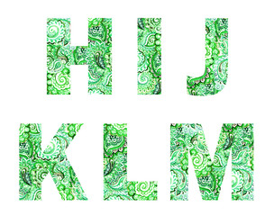 Green font, script, with watercolor lace indian ornament 