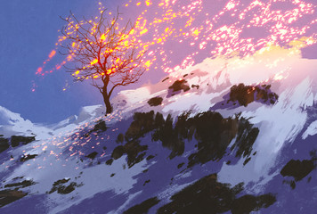 fantasy landscape showing bare tree in winter with glowing snow,digital painting © grandfailure