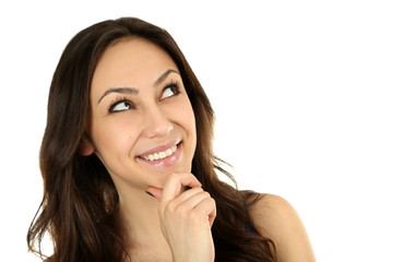 Fototapeta premium Young beautiful brunette woman on white background