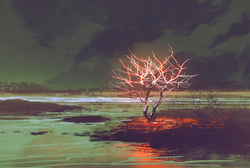 Naklejka premium illustration painting of night landscape with glowing tree