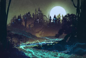Foto op Plexiglas prachtig landschap met mysterieuze rivier, volle maan boven kastelen, illustratie schilderij © grandfailure