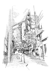 free hand sketch of the old alley of the city