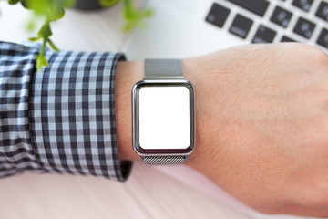 man hand and Watch with isolated screen