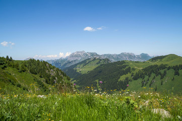 Fototapeta na wymiar Alps Mountains - touristic region Portes du Soleil, France and Switzerland together.