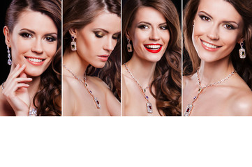 Beauty collage of beautiful happy woman with perfect makeup