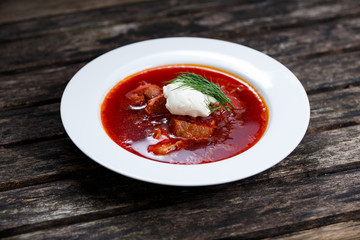 Borsch traditional russian soup. close up background.
