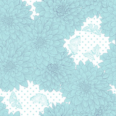 Beautiful seamless background with blue flowers and butterflies.
