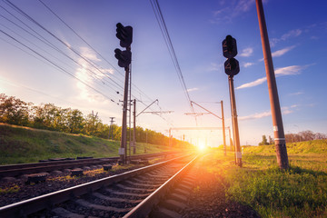 Cargo train platform at sunset. Railroad in Ukraine. Railway
