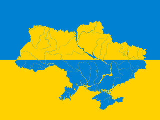 Map of Ukraine on the Ukrainian flag. Colors of flag are proper. Rivers are shown.