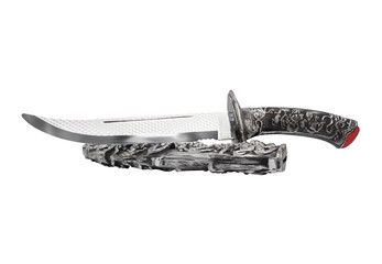 Isolated opened knife and scabbard. Isolated opened ancient fantasy etched knife and scabbard on...