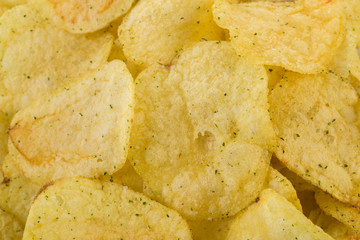 Prepared potato chips snack closeup view