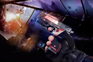 First person view hand in black leather gloves holding a futuristic fantasy neon recharging handgun...