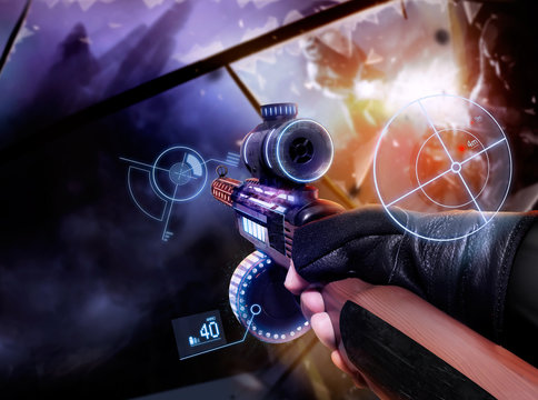 First person view hand in black leather gloves holding a futuristic neon fantasy automatic machinegun with neon indicators and pointers.