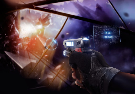 First person view hand in black leather gloves holding a futuristic fantasy neon pointing straight handgun with neon red, blue indicators and panels.