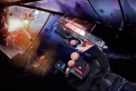 First person view hand in black leather gloves holding a futuristic fantasy neon recharging handgun with neon red, blue indicators and panels.