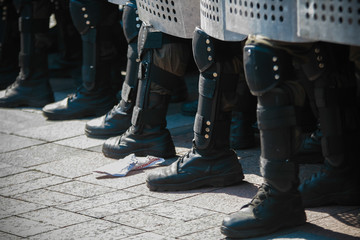 Soldiers of the security forces guarding the public order during the strike