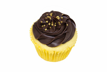 Vanilla Cupcake with Chocolate Frosting Isolated on White Background