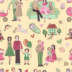hand drawn seamless pattern with happy families