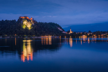 Fototapeta na wymiar Bled Castle at Bled Lake in Slovenia at Night