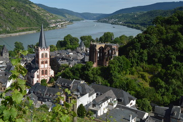 Bacharach and Werner chapel with river rhine in Germany