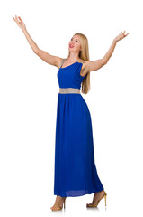 Fototapeta premium Beautiful woman in long blue dress isolated on white