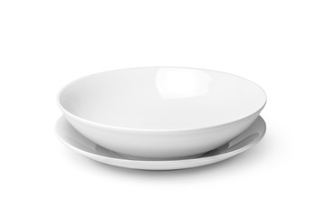 Two white empty plates isolated on white background. Clipping path included