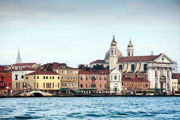 Fototapeta na wymiar The Santa Maria church of del Rosario on the embankment of the island of Dzhudekka, Venice, Italy, Europe 