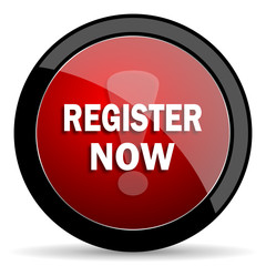 register now red circle glossy web icon on white background - set440