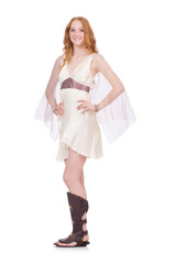 Pretty lady in light charming dress isolated on white