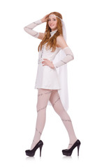 Pretty lady in light charming dress isolated on white