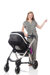 Happy mom with her baby in pram