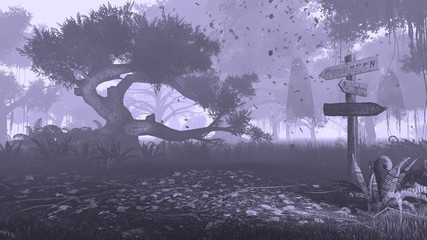 Obraz premium Old wooden signpost and ghosts in a misty autumn forest. Monochrome