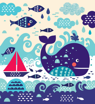 Cartoon vector illustration with whale and fish
