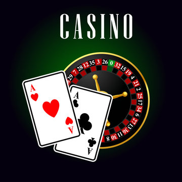 Casino symbol with ace cards over roulette