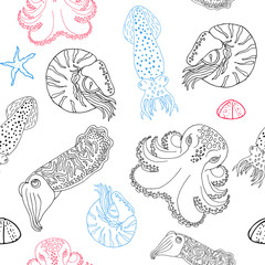 Hand drawn cephalopods seamless pattern
