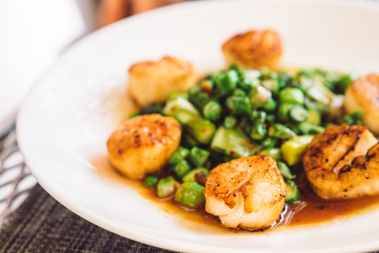 Scallops with vegetables outdoors