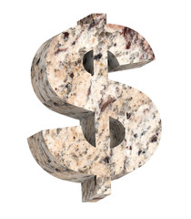 Dollar sign from granite alphabet set isolated over white. Computer generated 3D photo rendering.